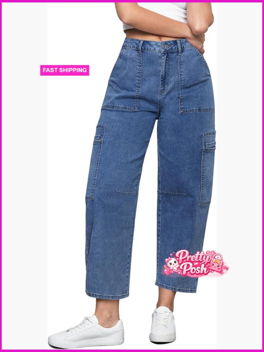 High Waisted Cropped Barrel Jeans with Cargo Pockets Stretch Denim Tapered Pants